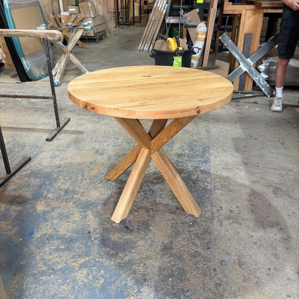 Ex demo 90cm Solid Oak 4cm thick Round Dining Table - Cross central Leg