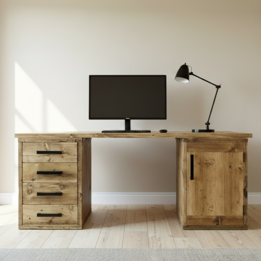Wooden desk with a computer monitor and lamp in a room with a bookshelf.