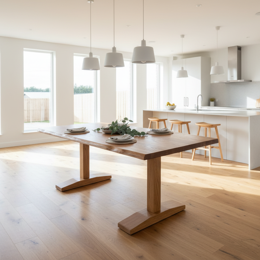 Modern kitchen with wooden dining table and chairs, large windows, and pendant lights.