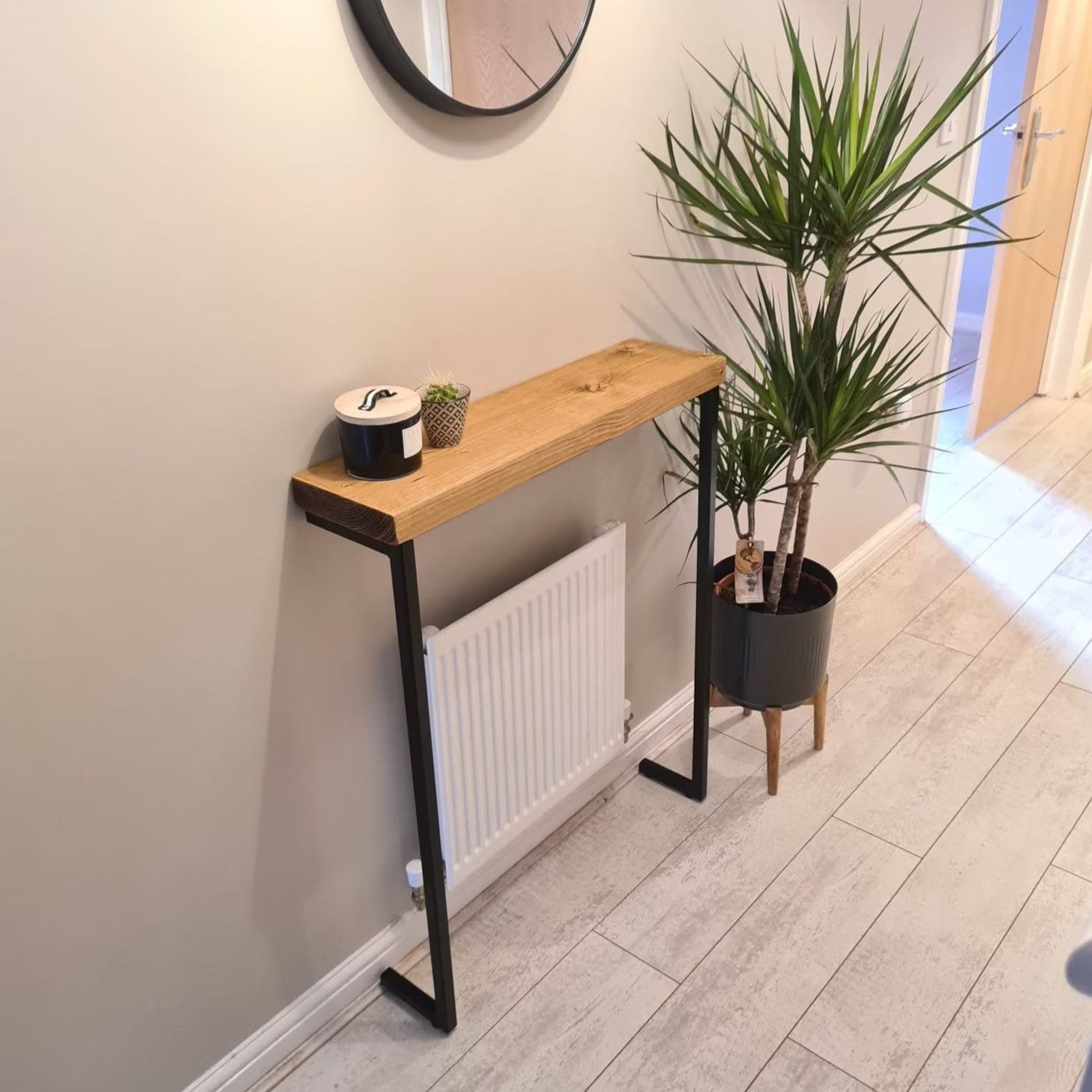 Joshua Rustic Wooden Radiator Shelf & Entry Console Table handcrafted in the UK - L legs Shelves masterplank-shop