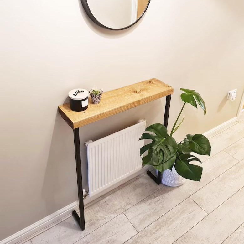 Joshua Rustic Wooden Radiator Shelf & Entry Console Table handcrafted in the UK - L legs Shelves masterplank-shop