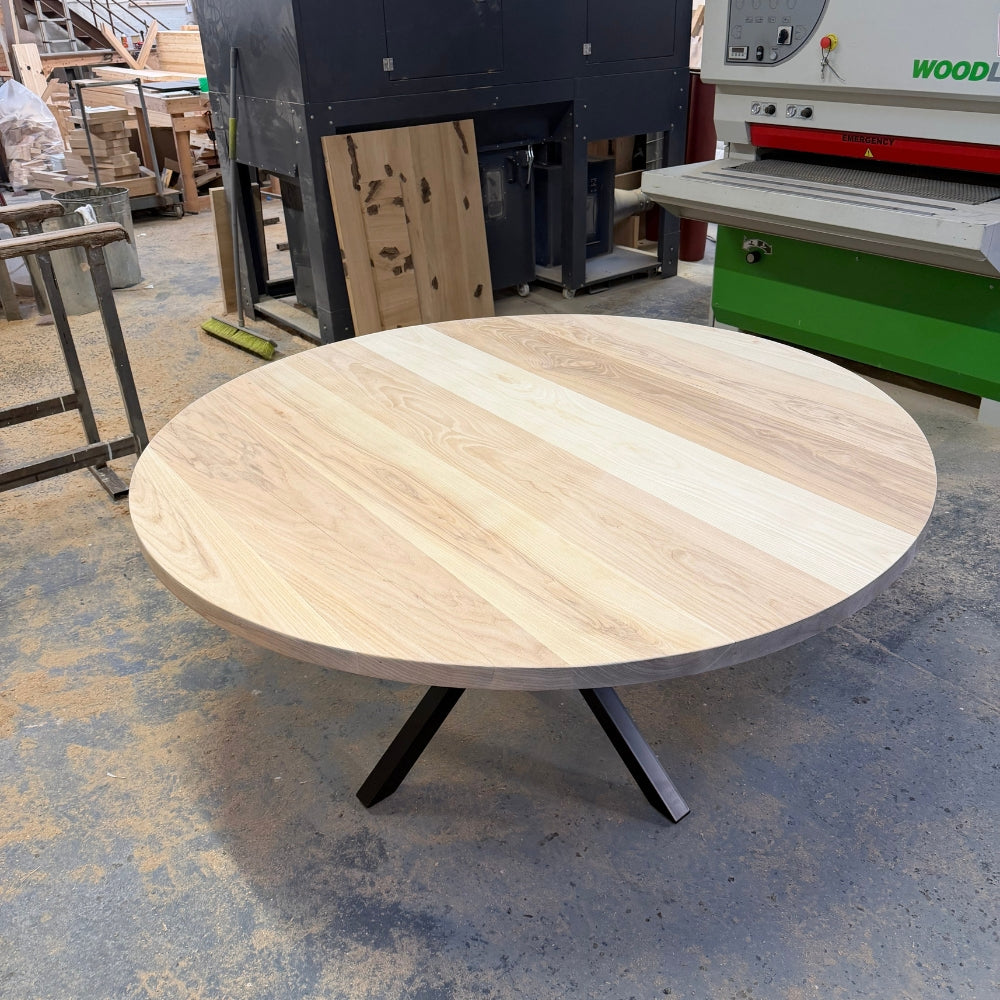 Ex demo 160cm Solid Ash 4cm thick Round Dining Table - Metal Cross central Leg