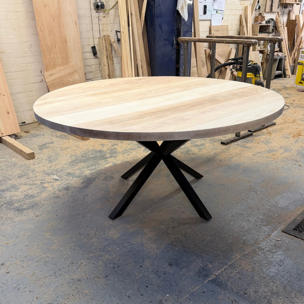 Ex demo 160cm Solid Ash 4cm thick Round Dining Table - Metal Cross central Leg