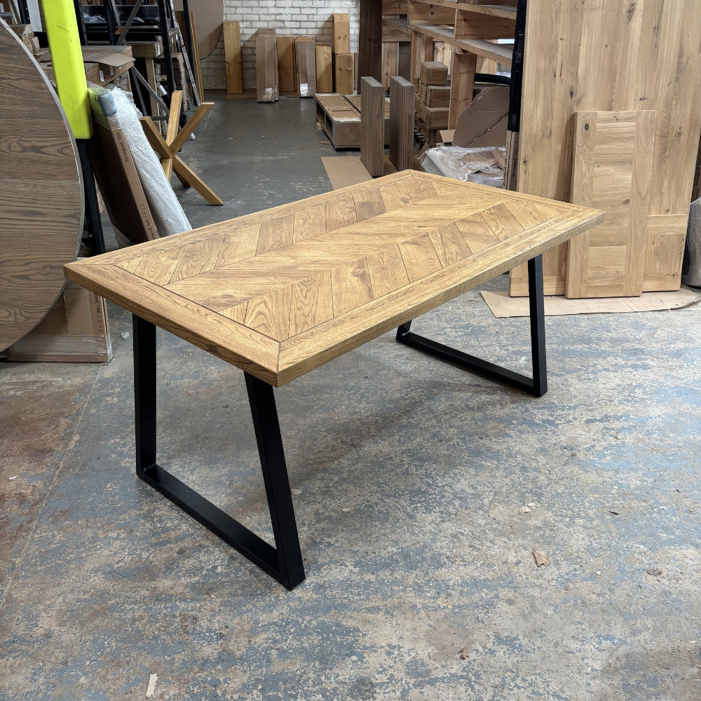 Ex Demo - Solid Oak Roscel Herringbone Table - 160cm x 90cm Stained in DARK OAK