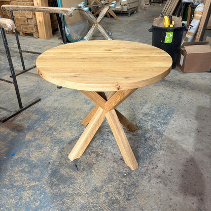 Ex demo 90cm Solid Oak 4cm thick Round Dining Table - Cross central Leg