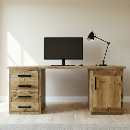 Wooden desk with a computer monitor and lamp in a room with a bookshelf.