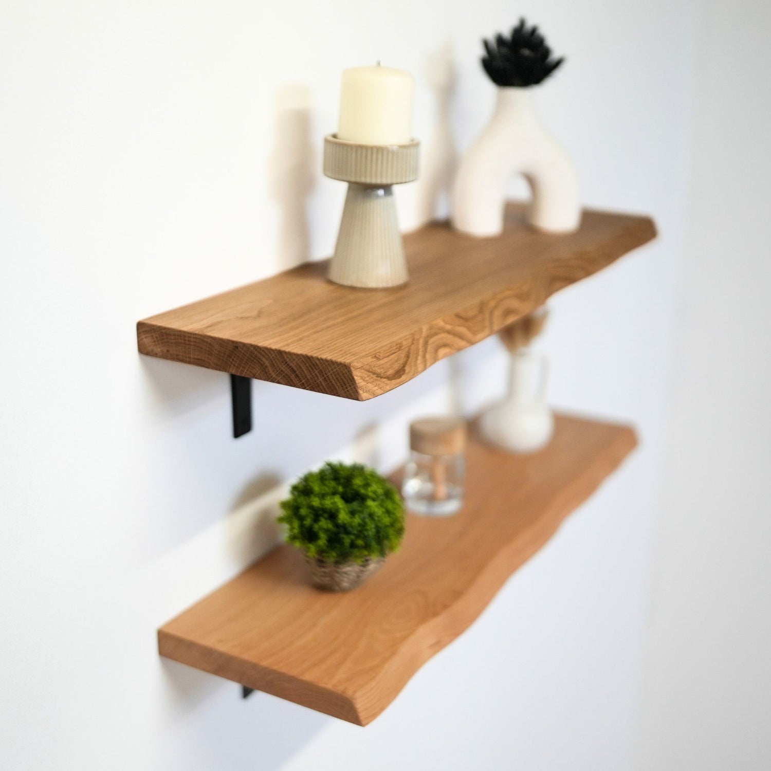 Solid Oak waney edge wooden shelves Set of two Masterplank UK