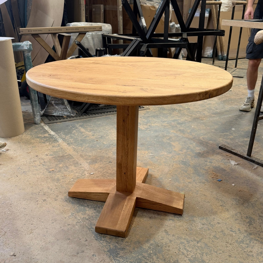 Rustic Solid Oak Round Dining Table - Straight Pedestal Leg
