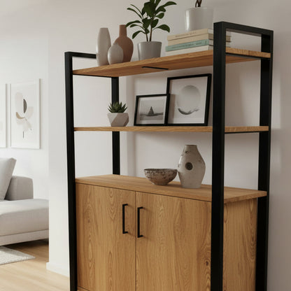 A rustic side unit with doors and shelves, featuring a combination of reclaimed timber and black metal frame.
