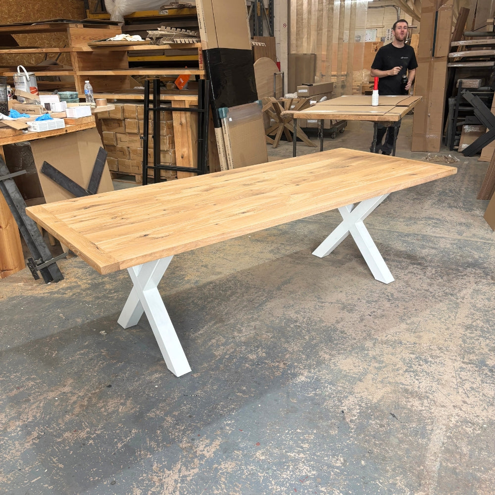 Solid Oak 240cm x 100cm Oak boscobel top Table with Cross legs in white