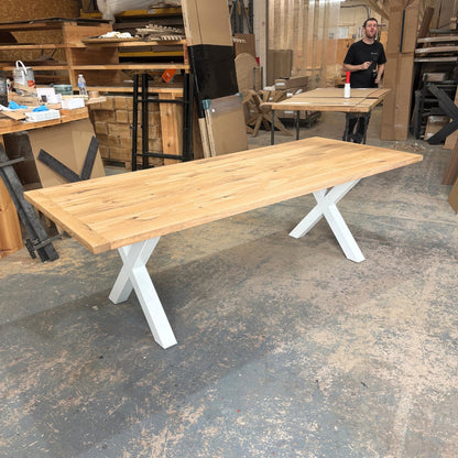 Solid Oak 240cm x 100cm Oak boscobel top Table with Cross legs in white