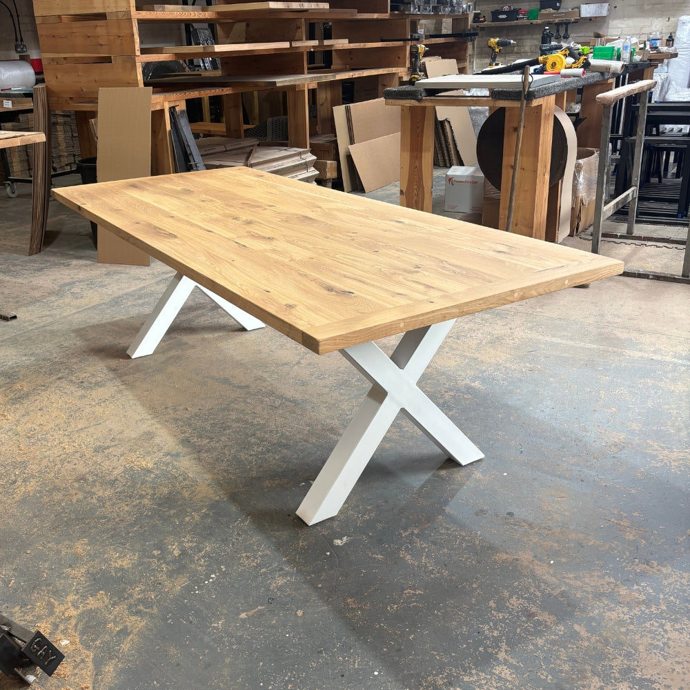 Solid Oak 240cm x 100cm Oak boscobel top Table with Cross legs in white