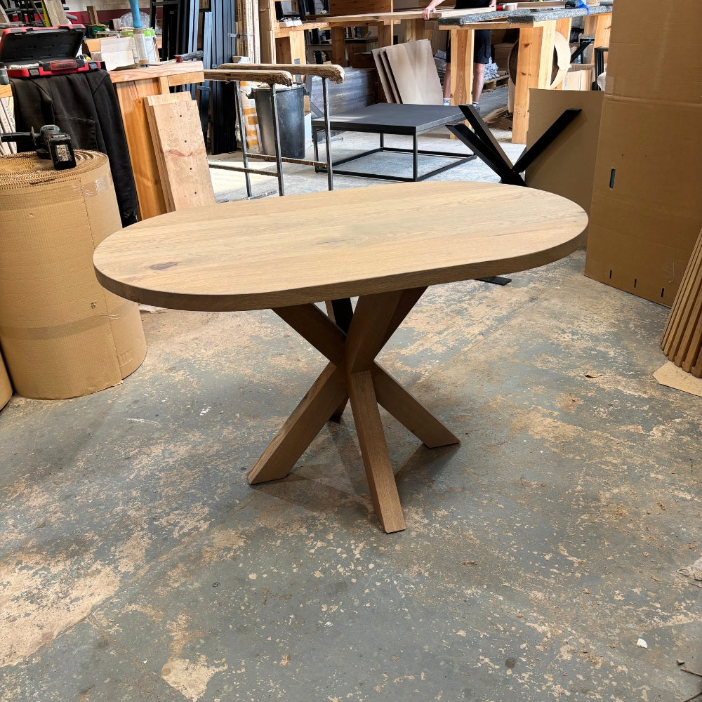 Ex Demo - Solid Oak Ovum 120cm x 80cm Table with Oak Central legs - Belgium Grey